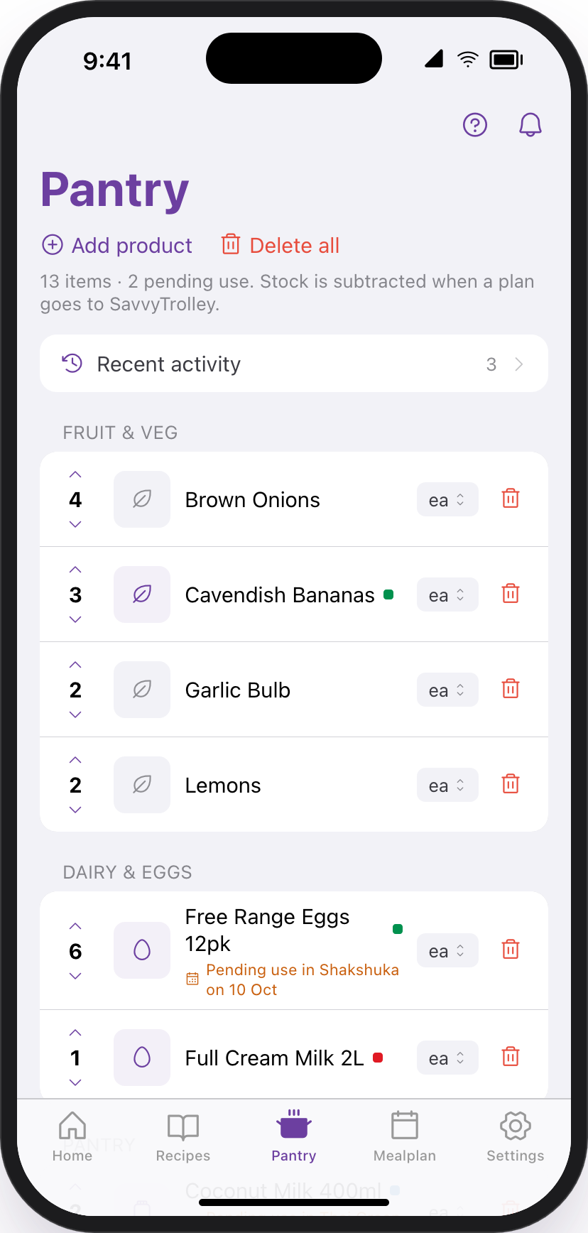 SavvyStove Pantry management app screen